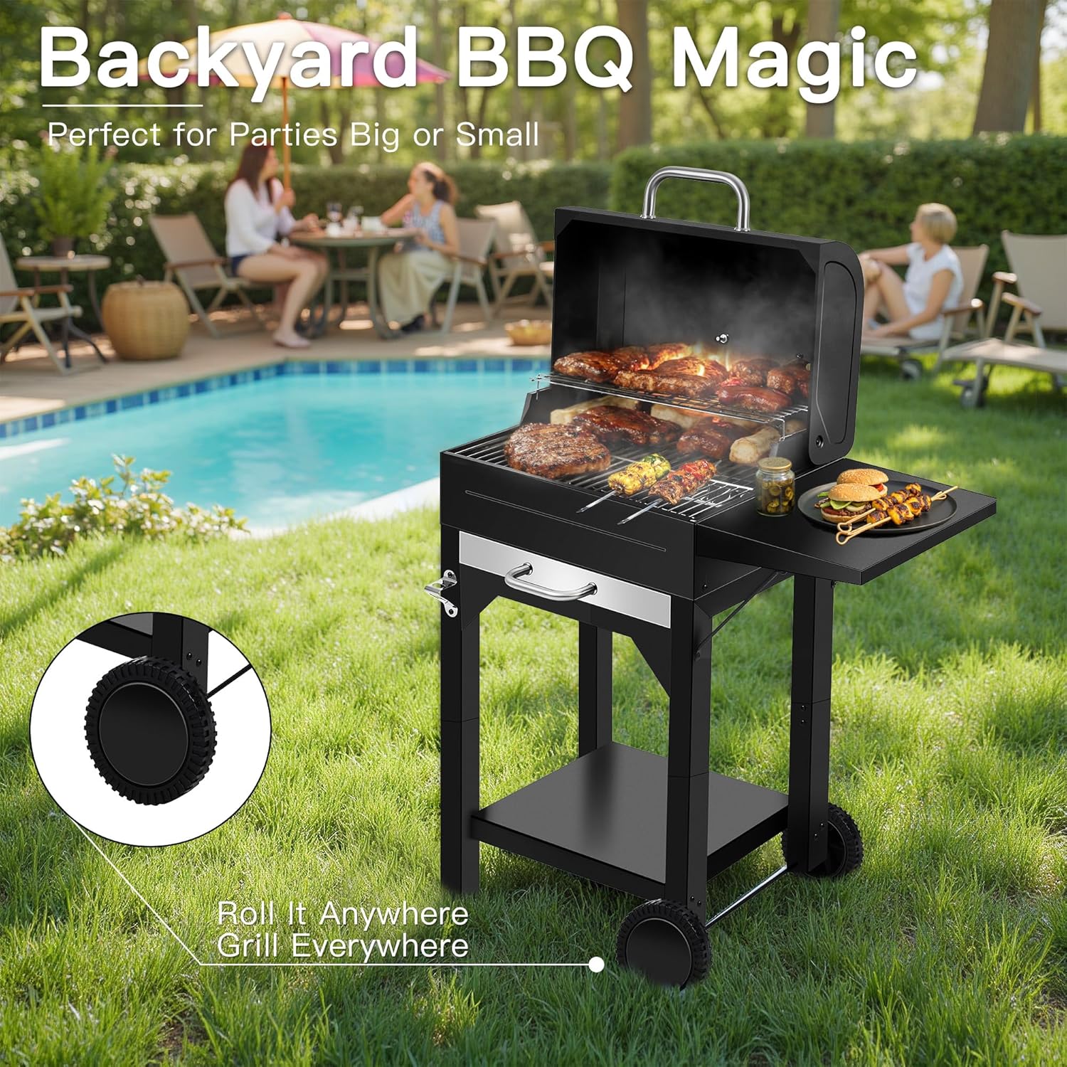 MBY Portable Charcoal Grill and Smoker Combo with Offset Firebox, Side Shelf & Warming Rack, Outdoor BBQ Grill for Camping, Tailgating, Picnic & Backyard BBQ