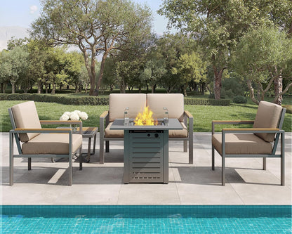 MBY 5-Piece Modern Patio Furniture Set with Fire Pit Table, Metal Outdoor Sectional with Cushions & Wood-Like Armrests, Cozy Conversation Set for Porch, Balcony, Garden, Yard-Brown