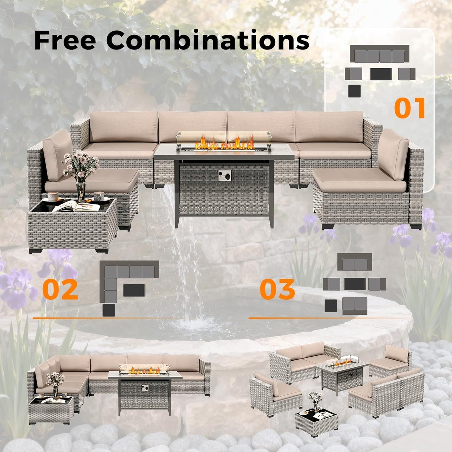 6-Seat Modern Outdoor Wicker Rattan Patio Furniture Set with 55,000 BTU Fire Pit Table, Thick 4″ Cushions, All-Weather Dual-Strand Rattan, Rust-Resistant Steel Frame