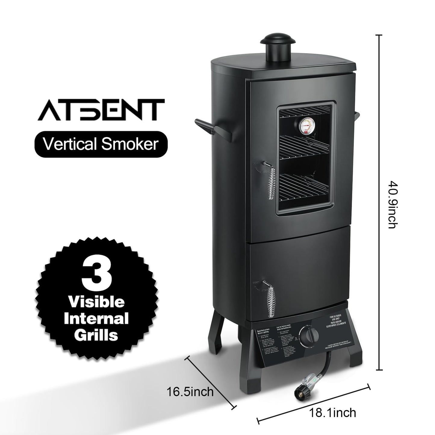 Propane Smoker with Cover, Vertical Meat Gas Smoker Grill Outdoor Heavy Duty 3 Removable Smoking Racks, Black