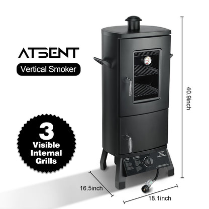 Propane Smoker with Cover, Vertical Meat Gas Smoker Grill Outdoor Heavy Duty 3 Removable Smoking Racks, Black