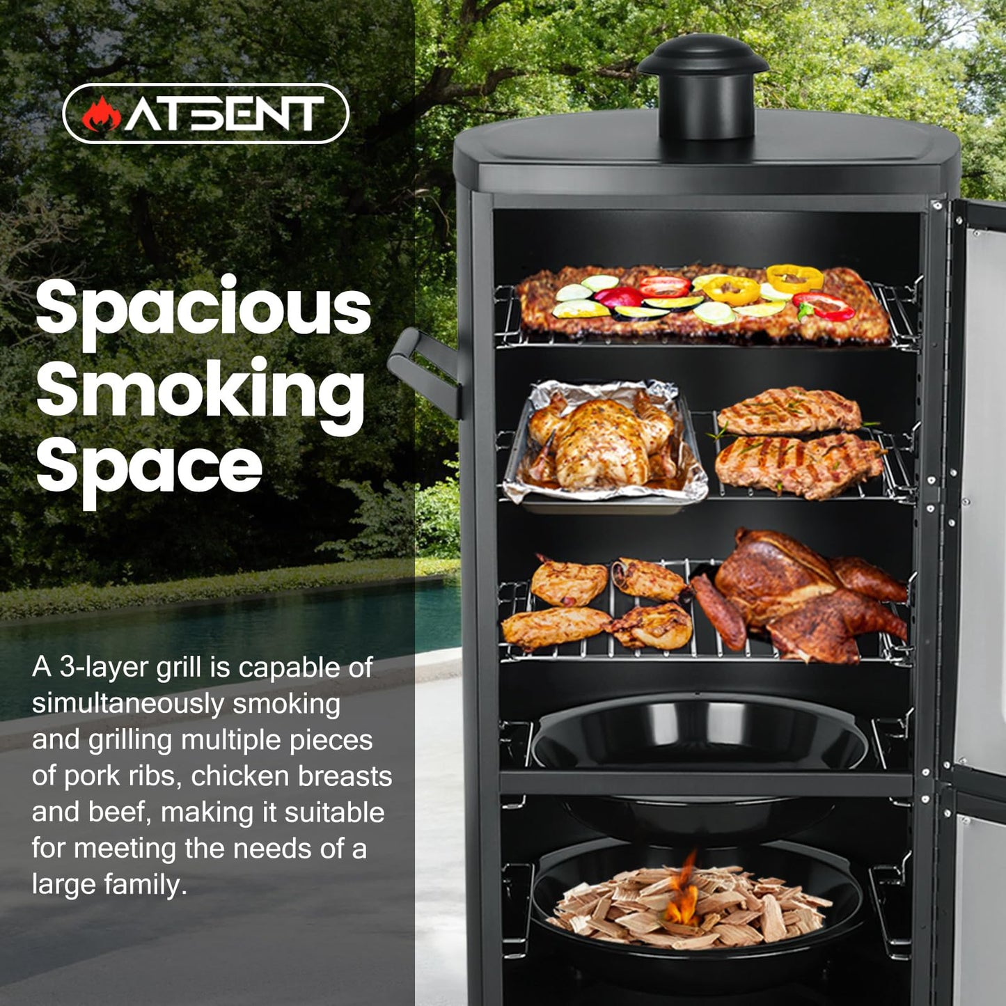 Propane Smoker with Cover, Vertical Meat Gas Smoker Grill Outdoor Heavy Duty 3 Removable Smoking Racks, Black