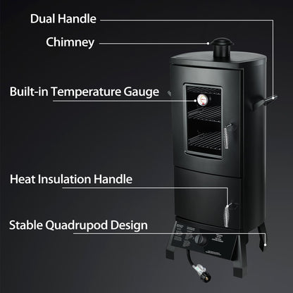 Propane Smoker with Cover, Vertical Meat Gas Smoker Grill Outdoor Heavy Duty 3 Removable Smoking Racks, Black