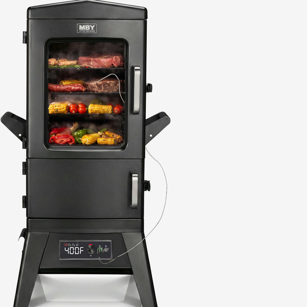 Maison Backyards large vertical electric smoker with cover and meat probe on studio background