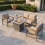 5-piece metal patio conversation set with lit fire pit table on a paver patio