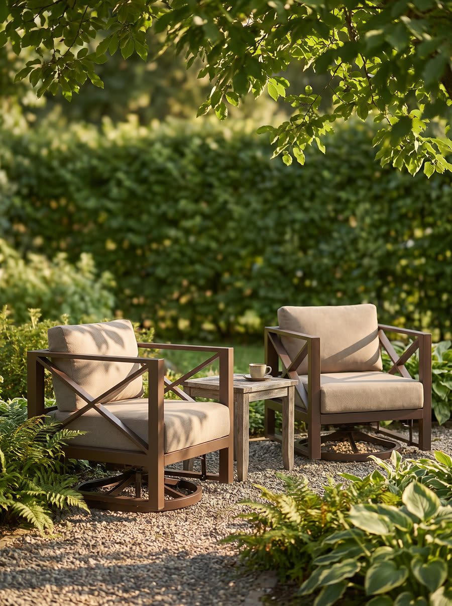 Two swivel lounge chairs in a garden corner