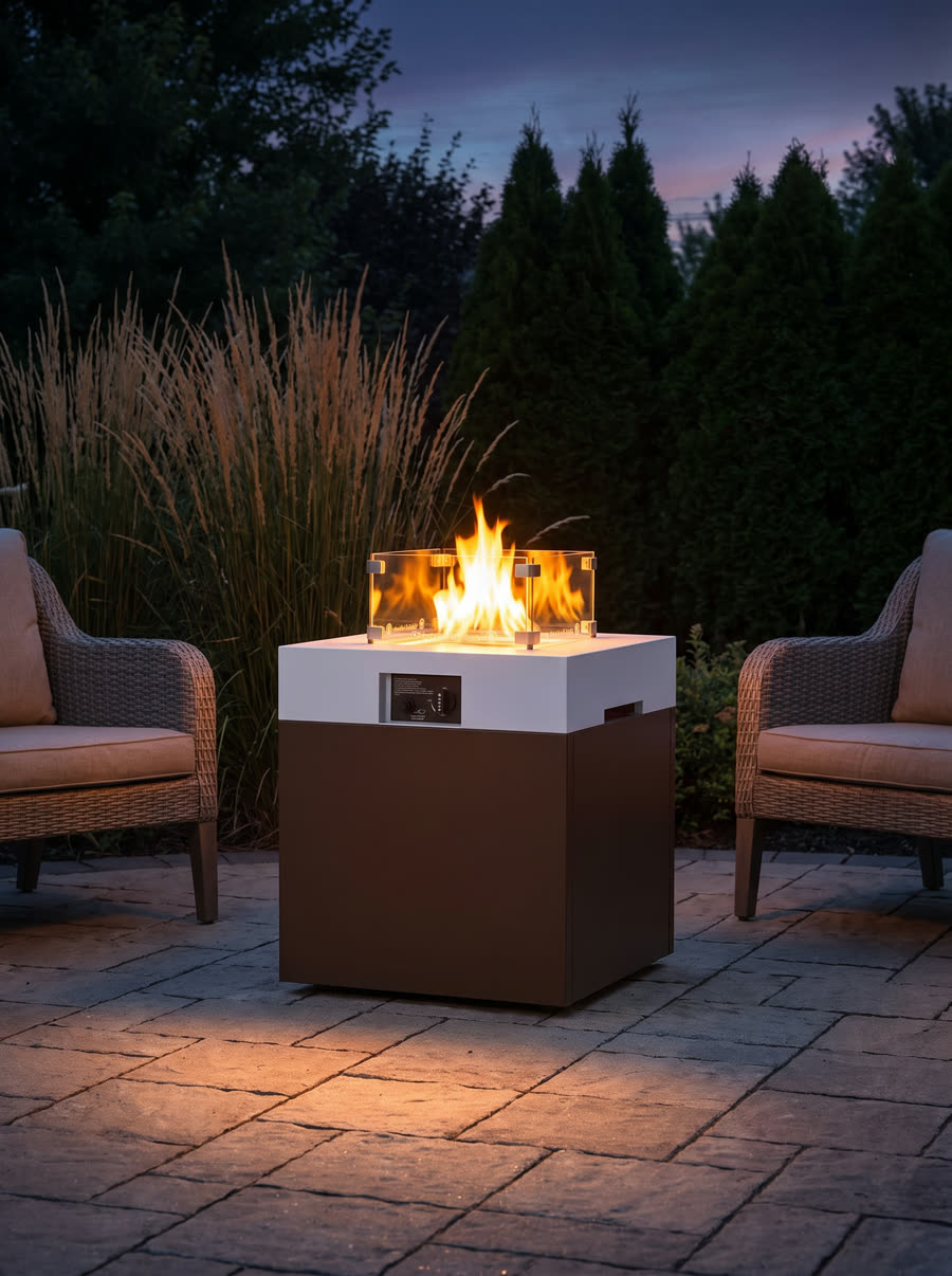 Lit fire pit table on a patio at dusk