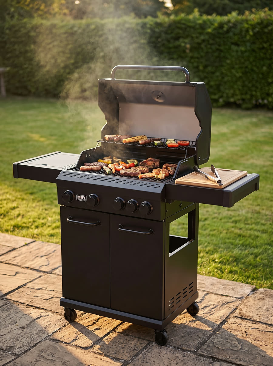Propane gas grill mid-cook on a backyard patio