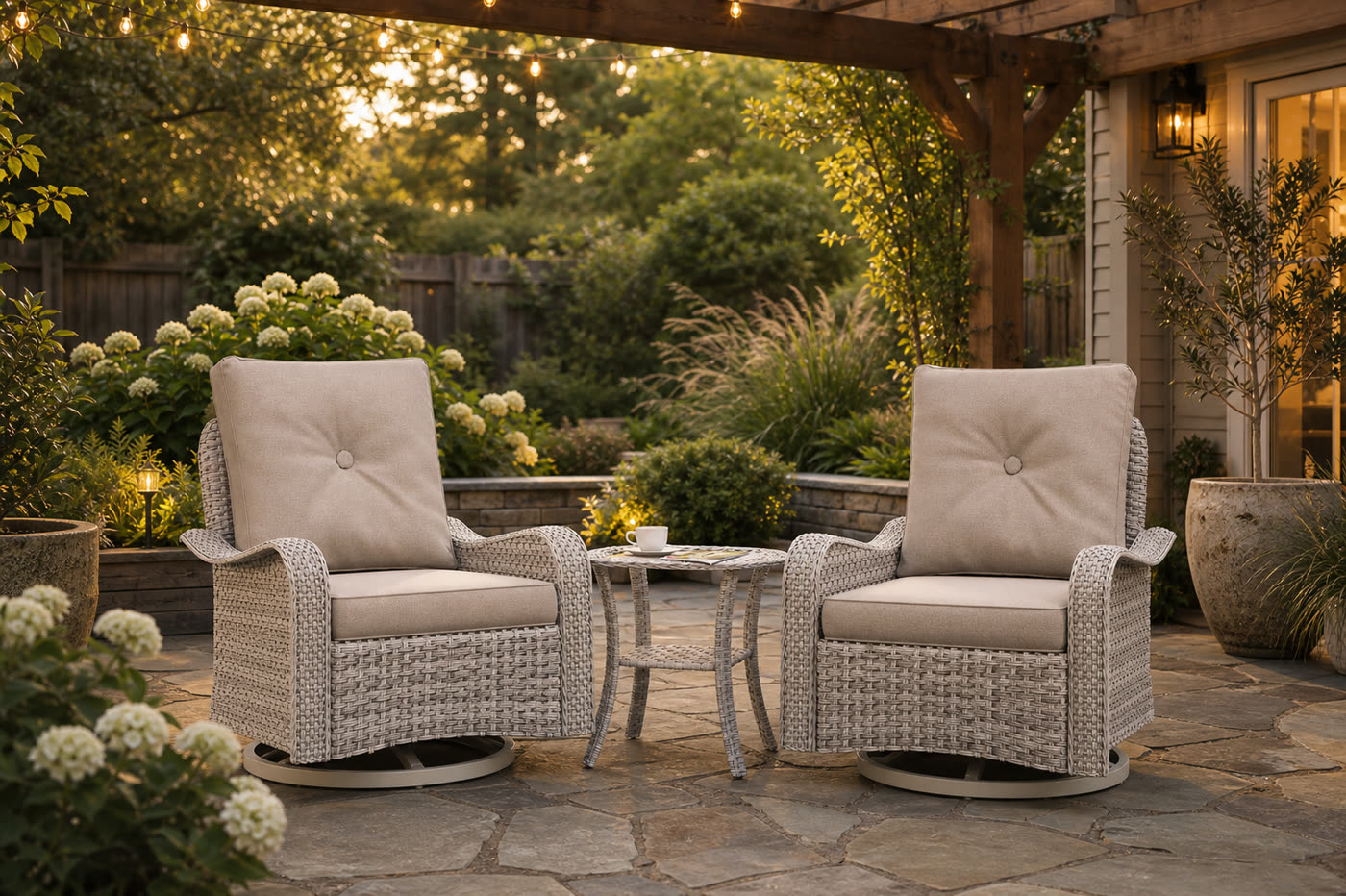 Wicker swivel rocking chairs with ottomans under a pergola strung with lights