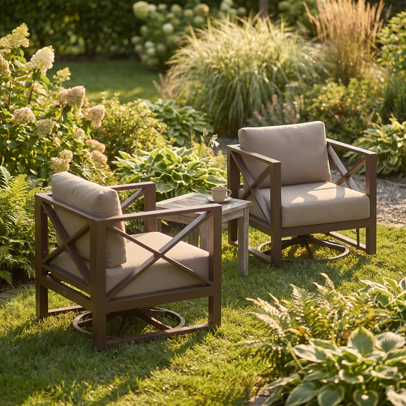 Swivel lounge chairs in a garden corner