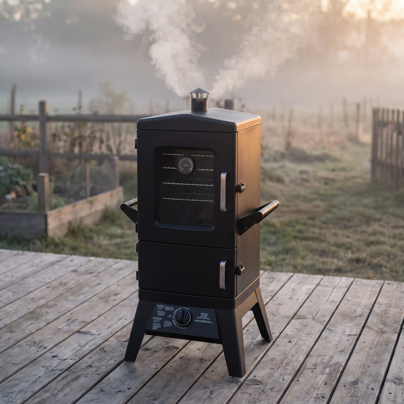 Vertical smoker on a deck at dawn
