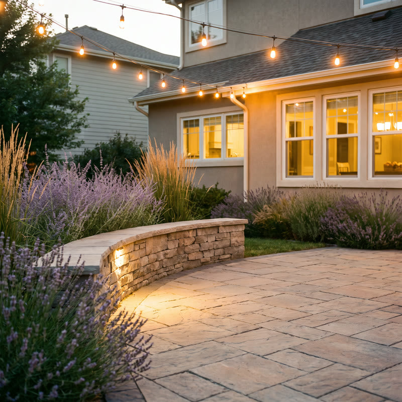 Backyard stone patio with string lights and lavender at dusk