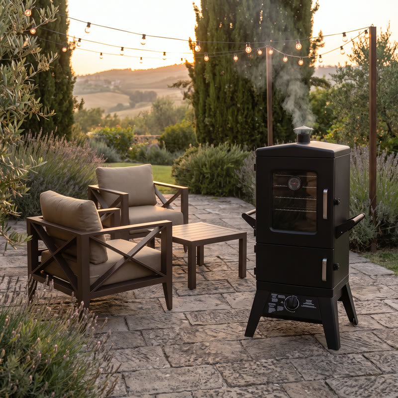 Vertical smoker and aluminum conversation set on a backyard patio at dusk