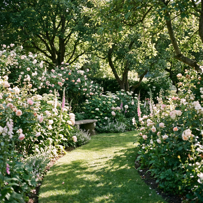 Rose garden path leading to a stone bench
