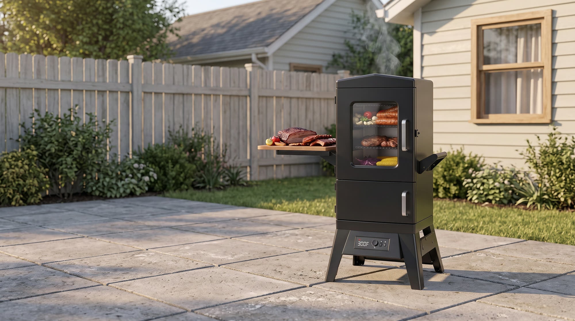 Vertical smoker running on a backyard patio with food on the side shelf