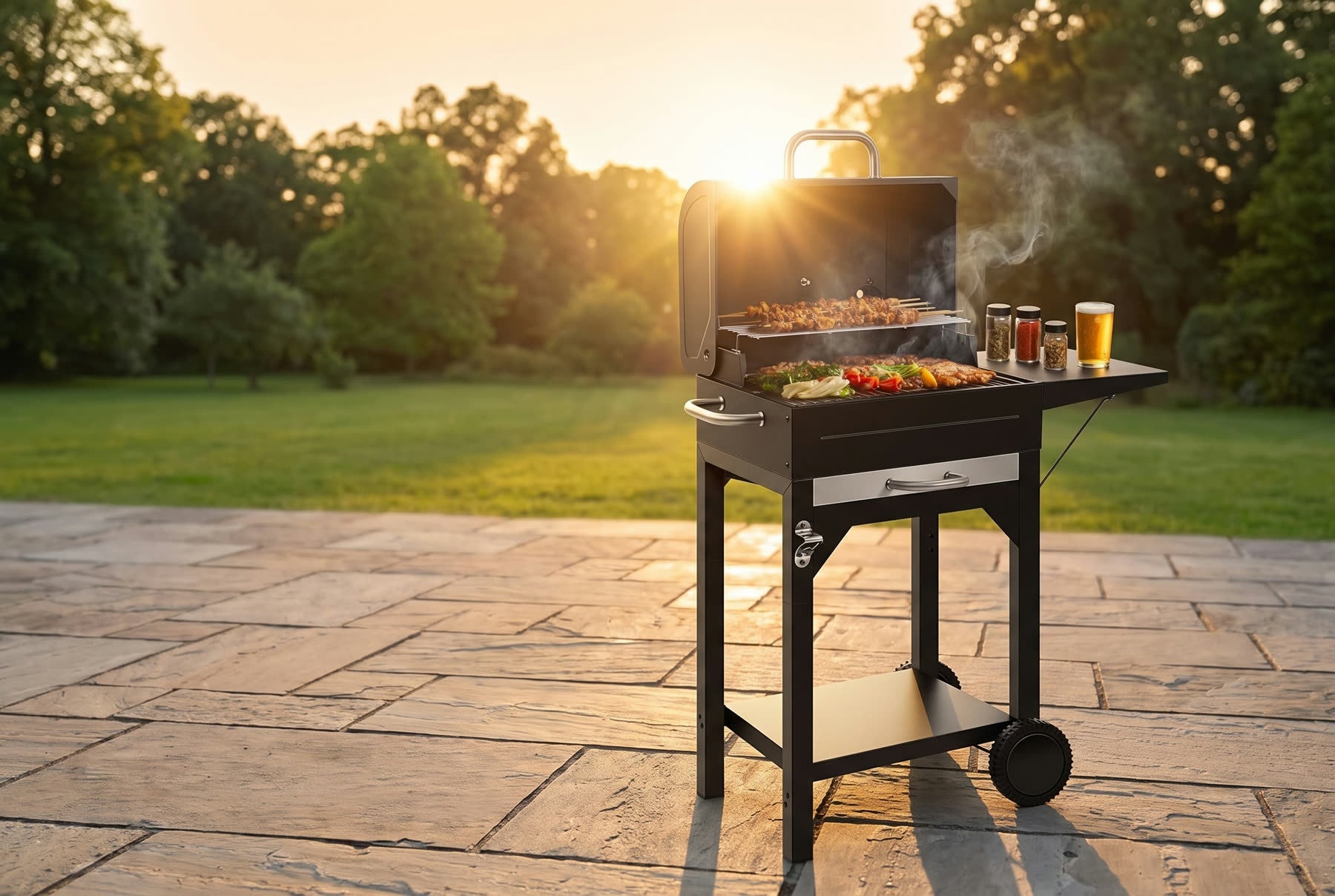 Charcoal grill and offset smoker on a patio at golden hour