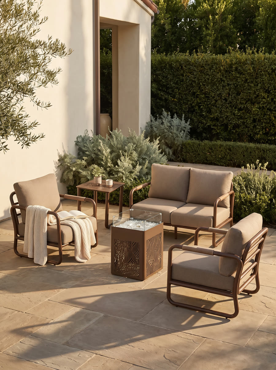 Aluminum patio conversation set on a stone patio at golden hour