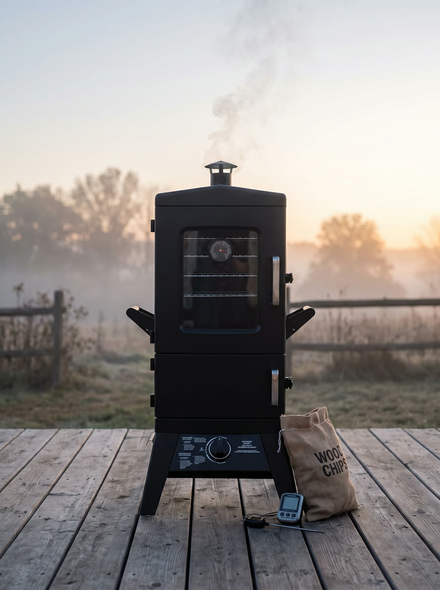 Vertical smoker on a deck at dawn