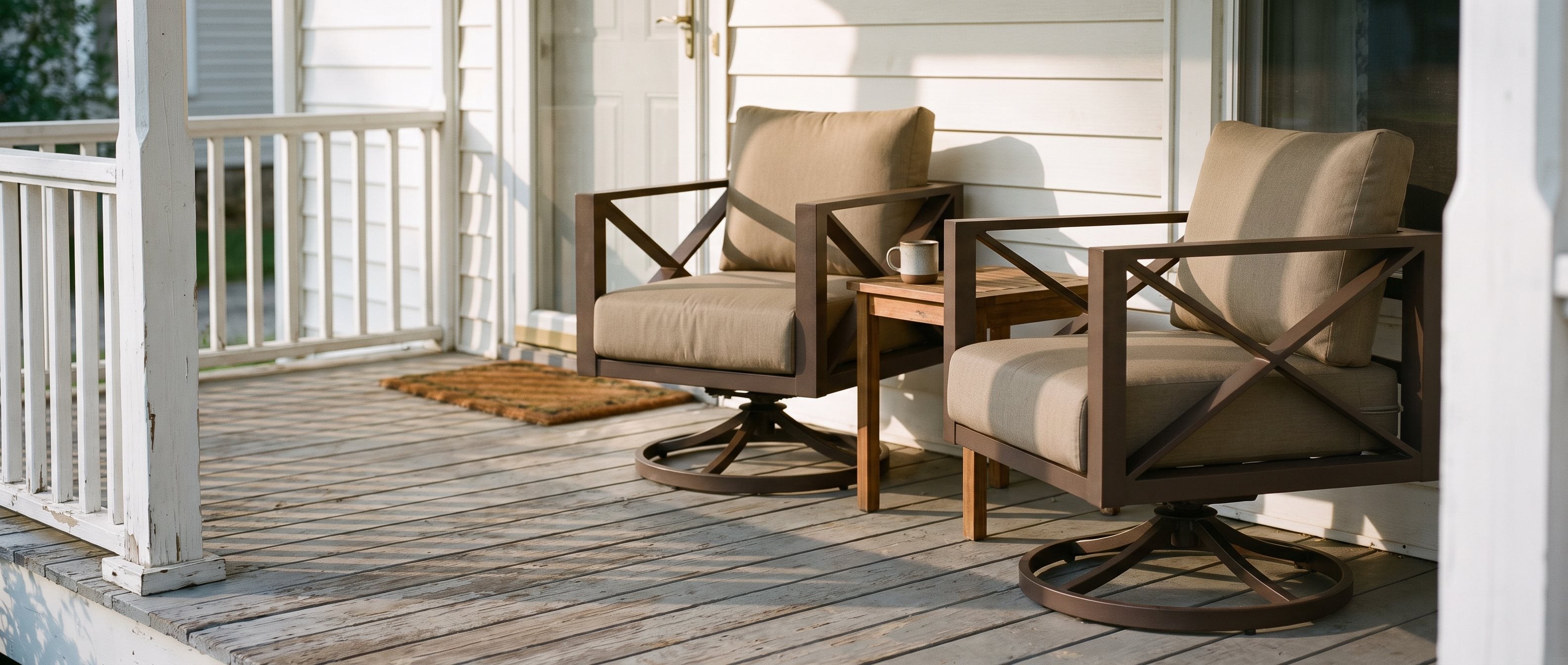 Two aluminum swivel club chairs with a side table on a covered front porch