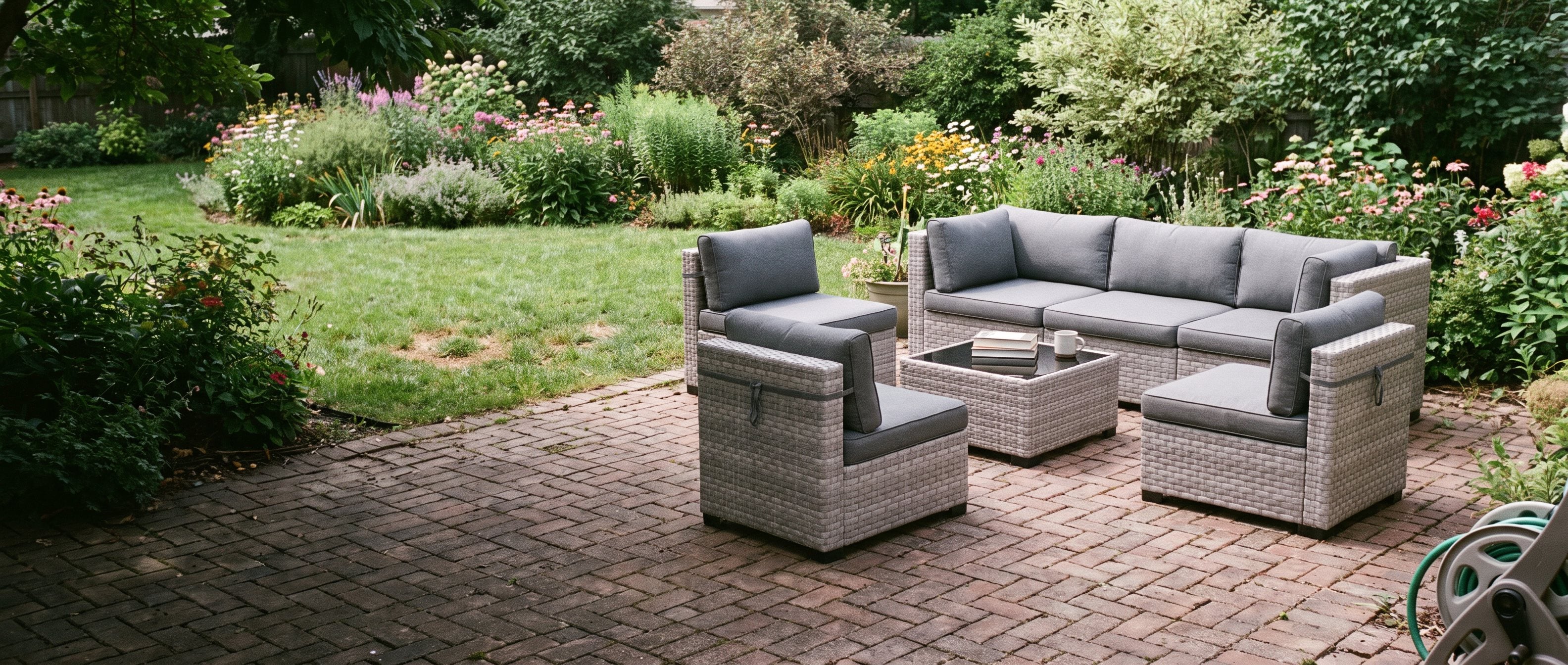 Grey wicker conversation set with coffee table on a brick garden patio