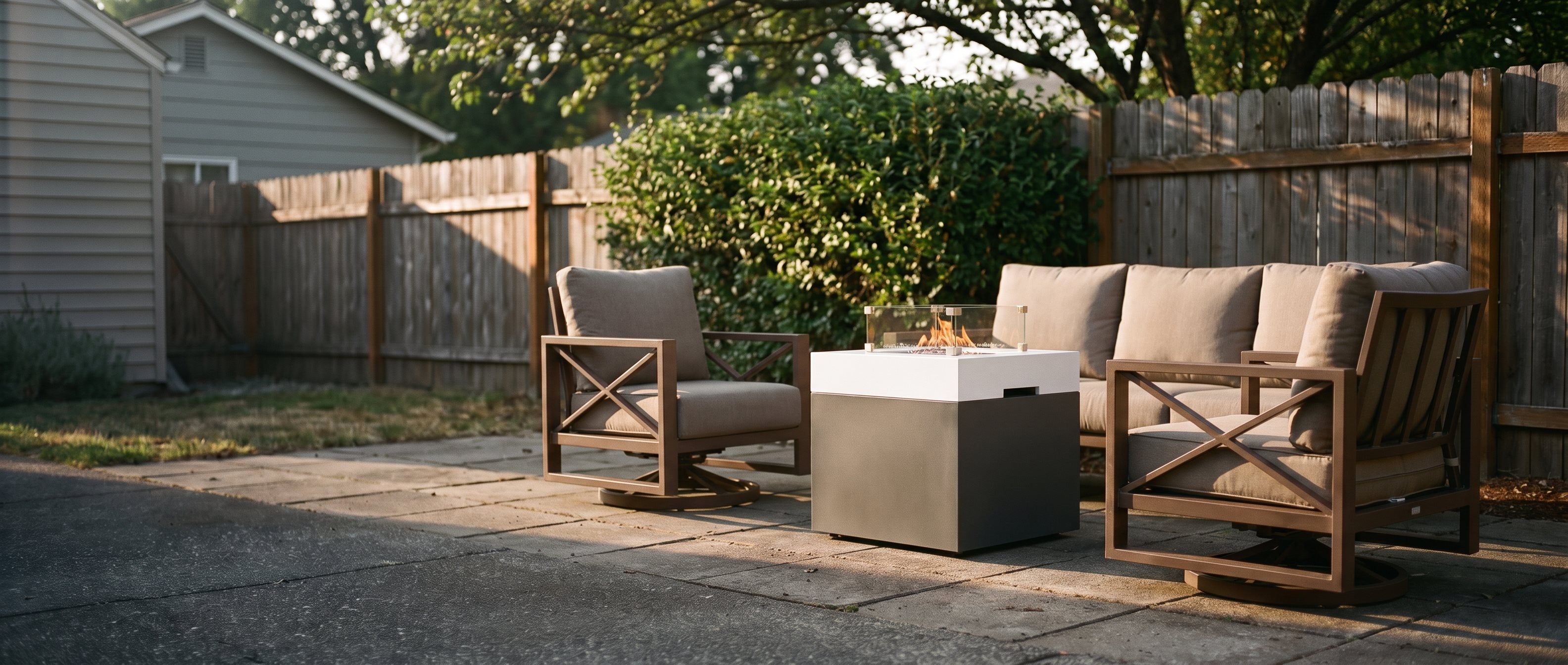 Bronze aluminum conversation set around a lit fire pit table on a backyard patio at golden hour