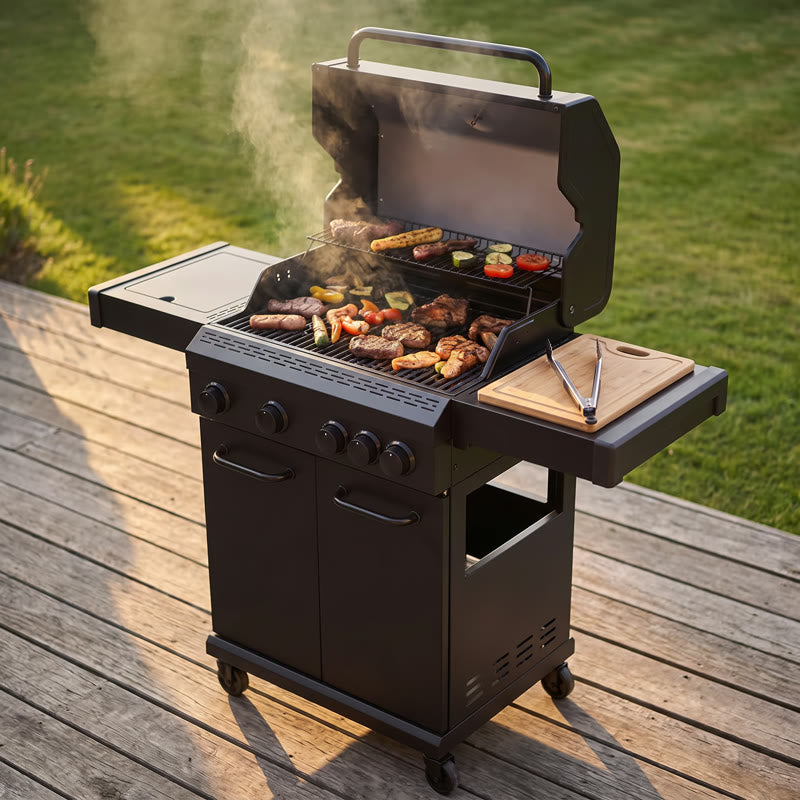 Propane gas grill mid-cook on a backyard patio