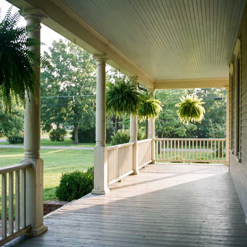Empty front porch with hanging ferns in morning light