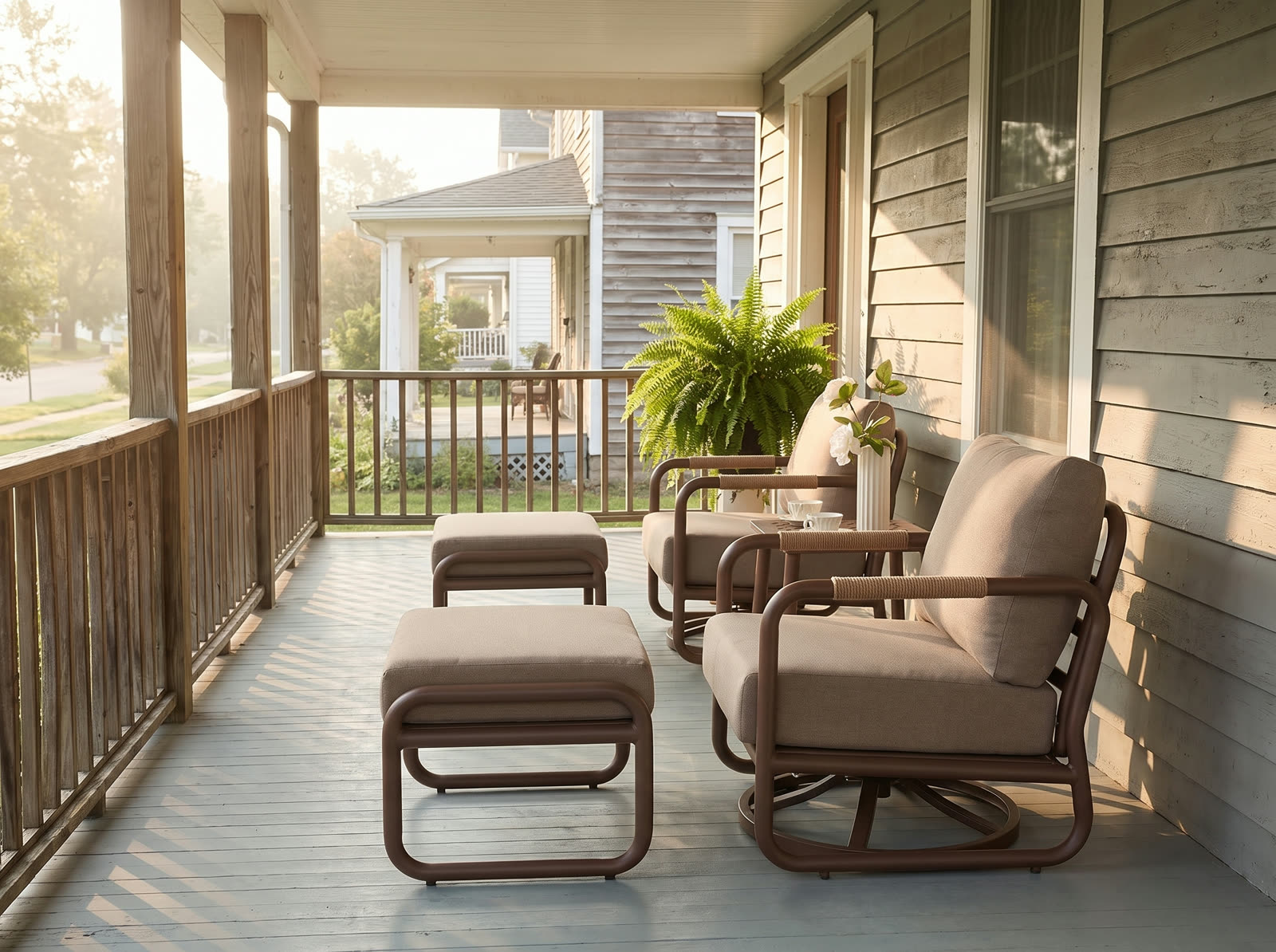 Aluminum swivel rocking chairs on a real covered front porch