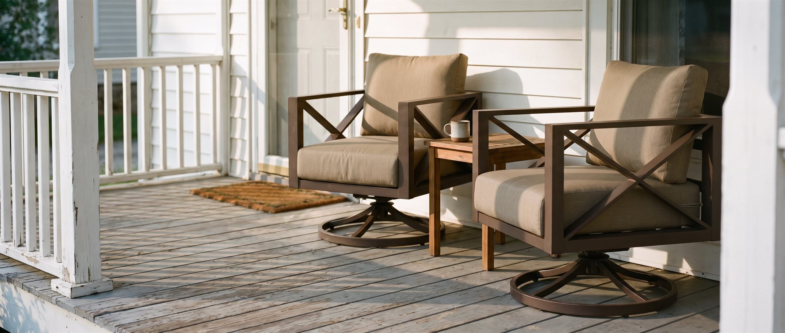 Two aluminum swivel club chairs with a side table on a covered front porch
