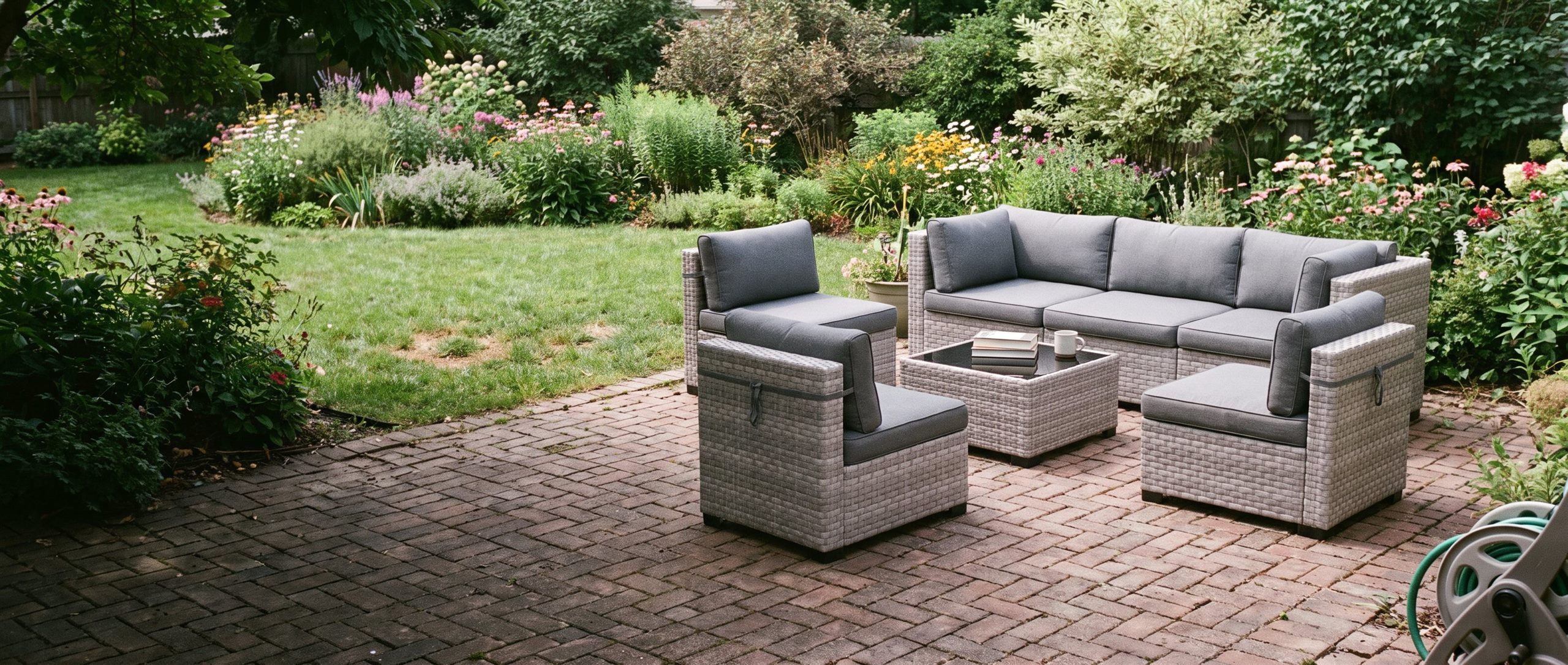 Grey wicker conversation set with coffee table on a brick garden patio