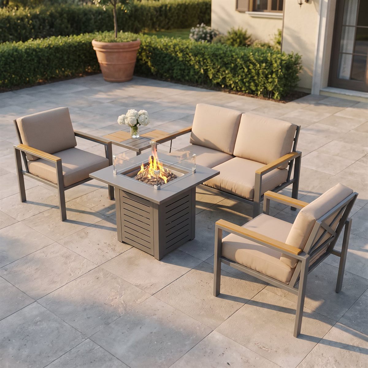 Maison Backyards 5-Piece Aluminum Patio Conversation Set with Fire Pit Table