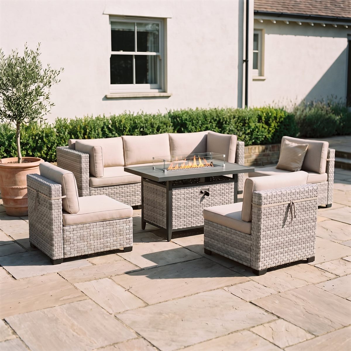 Maison Backyards 6-Seat Wicker Patio Set with Fire Pit Table