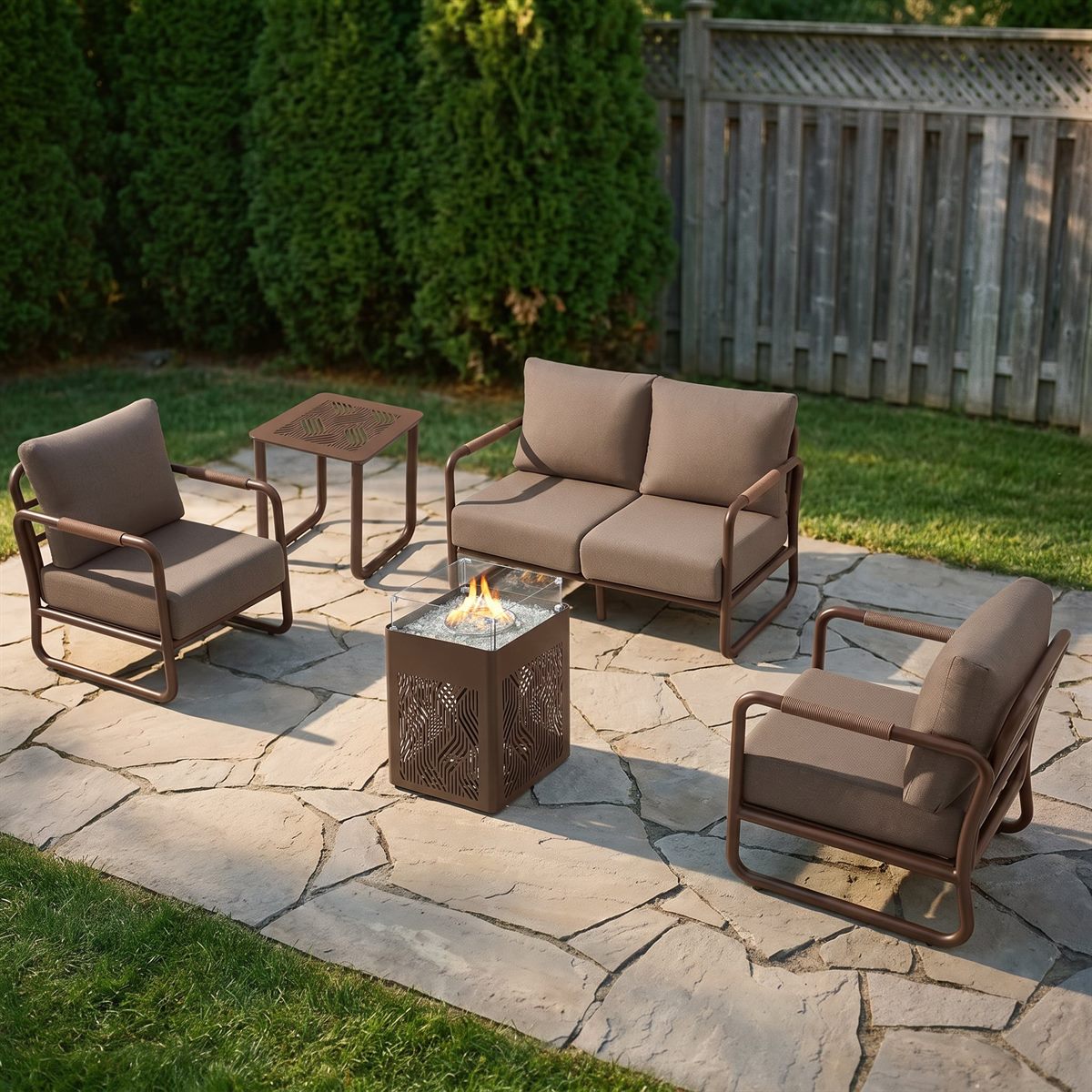 Maison Backyards Aluminum Patio Conversation Set with Fire Pit Table