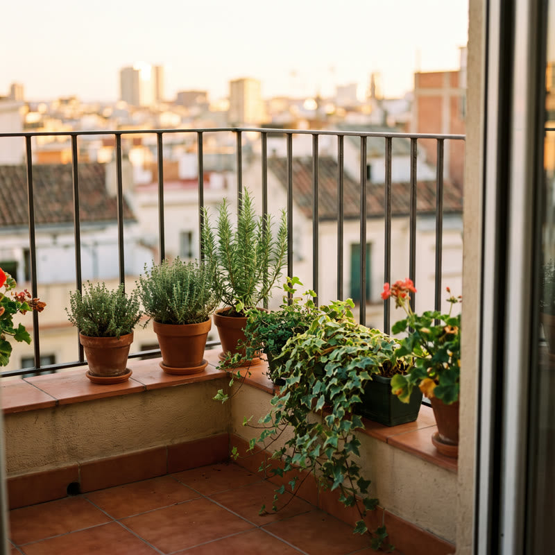 Small city balcony with potted herbs and a skyline view