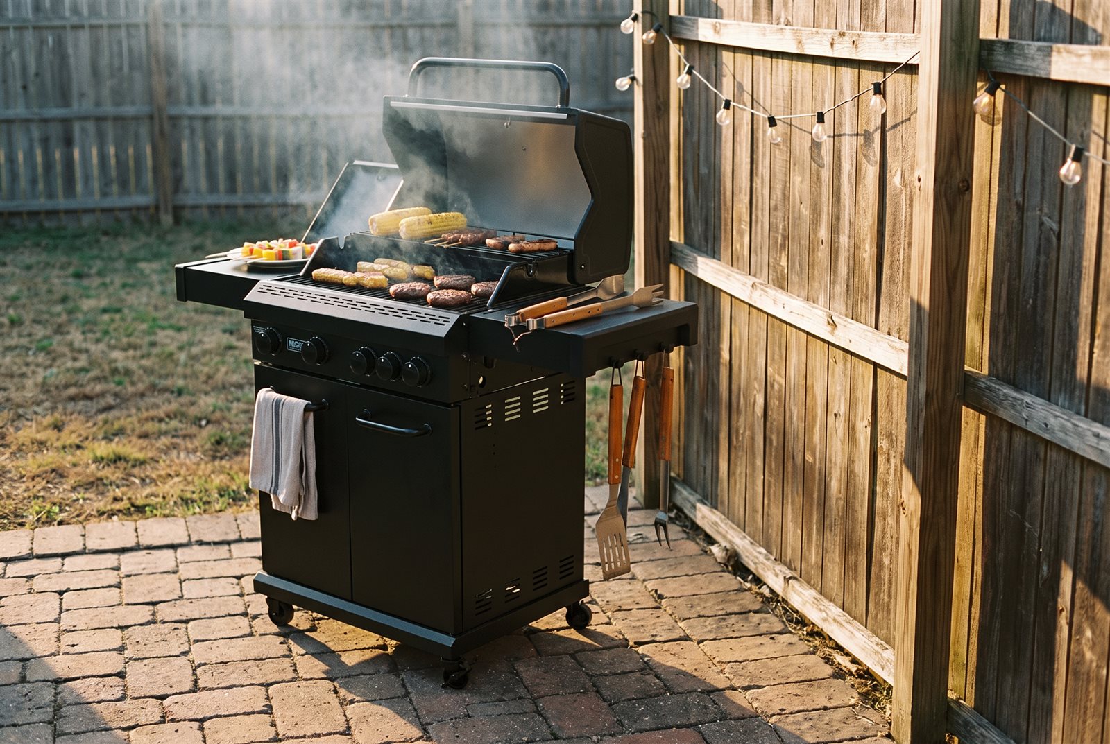 Propane gas grill mid-cook on a brick paver corner beside a backyard fence at golden hour