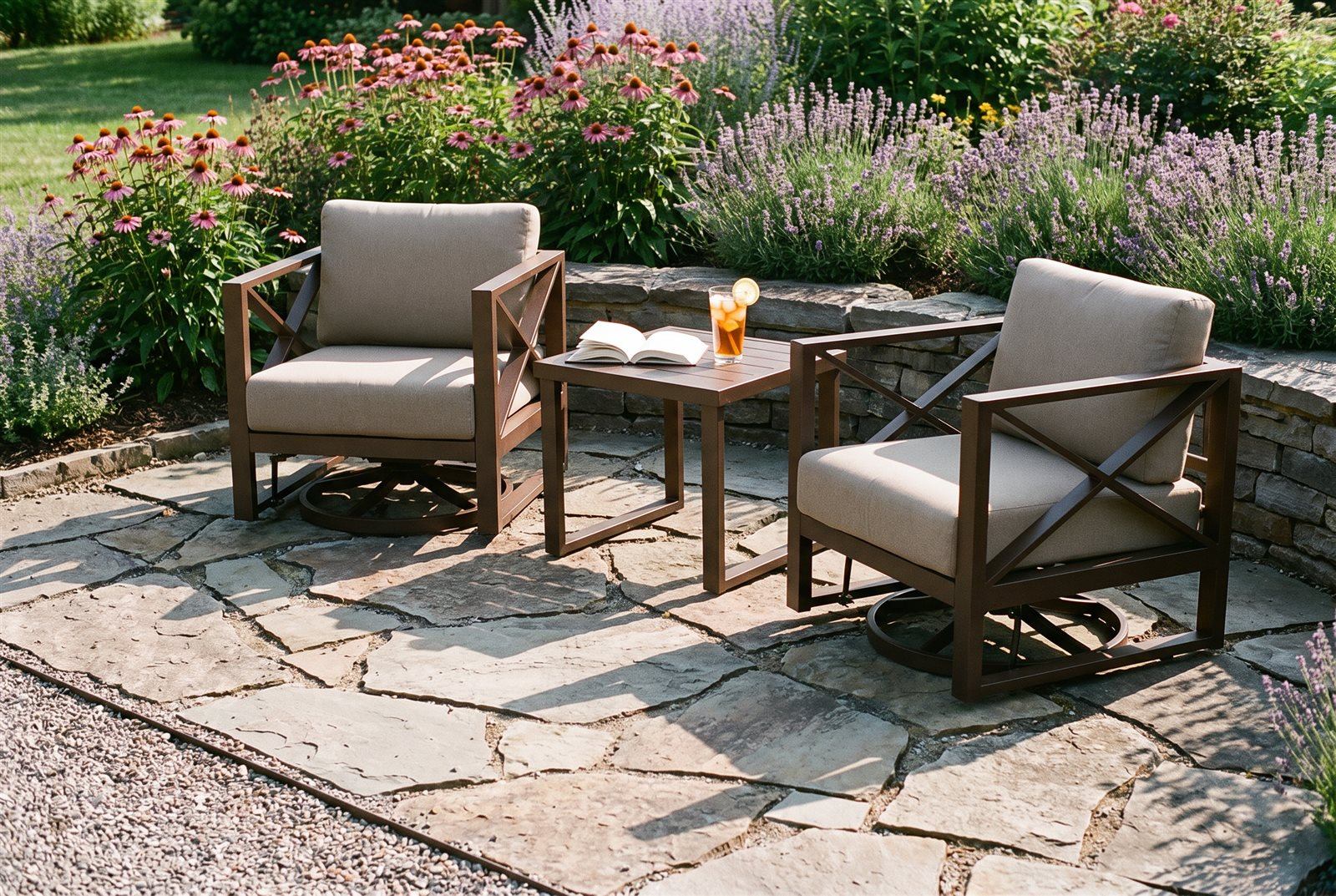 Aluminum swivel rocking chairs with coffee table on a flagstone pad beside garden flower beds