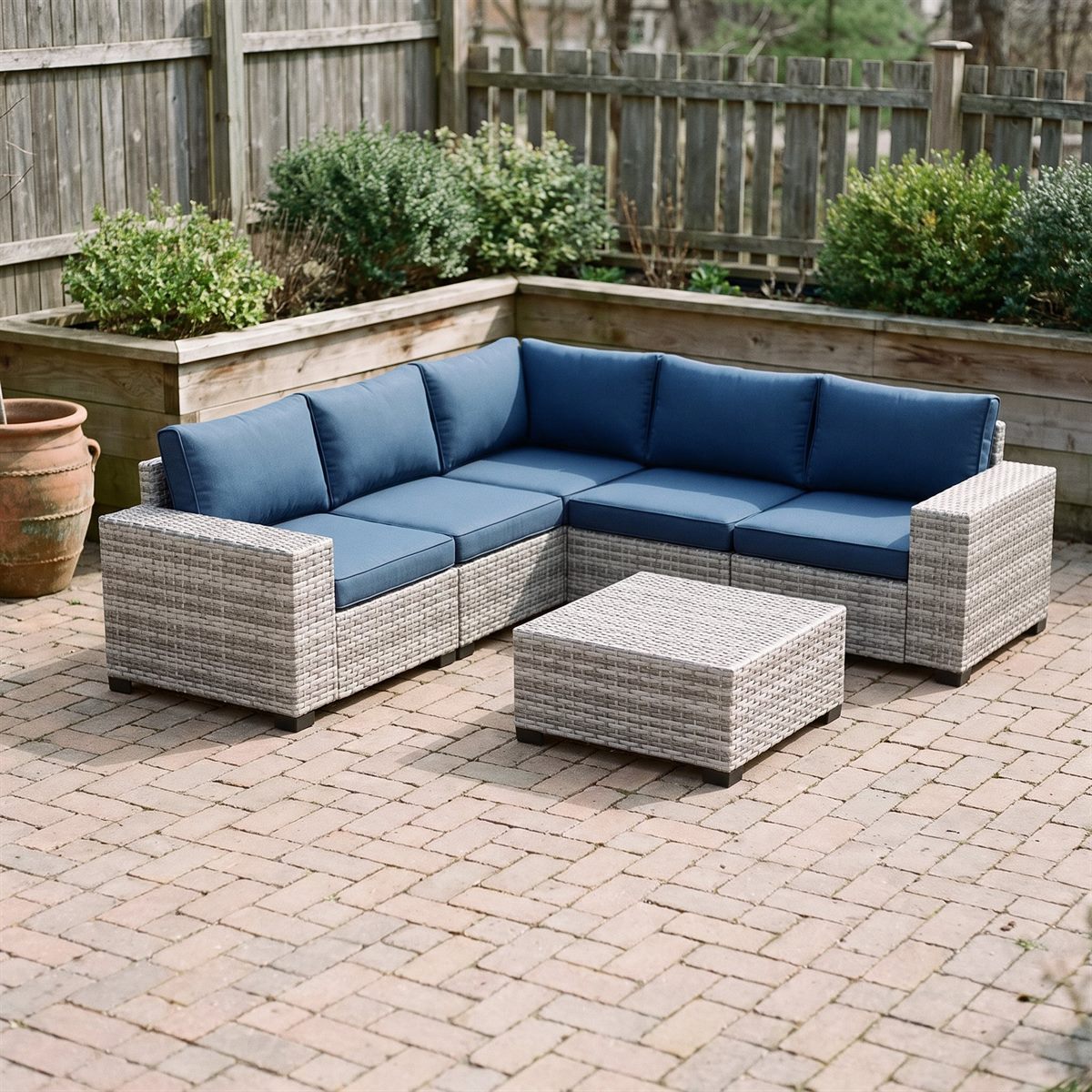 Maison Backyards Outdoor Wicker Sectional Sofa Set with Swivel Chairs & Fire Pit Table