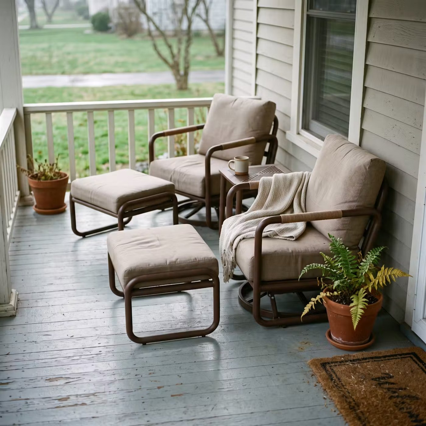 Aluminum swivel rocking chairs on a real covered front porch