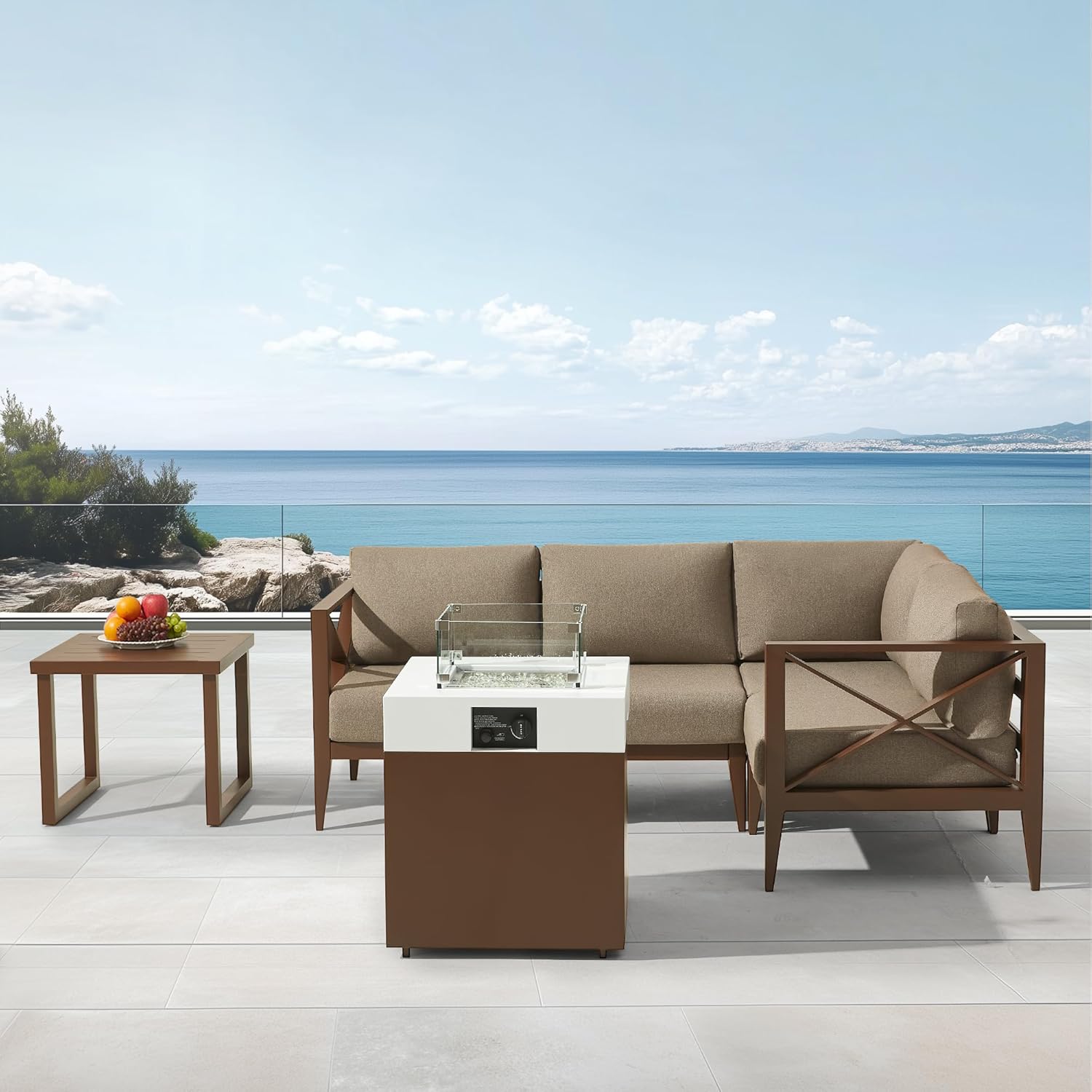 Outdoor aluminum patio conversation sofa set with fire pit table and ocean view