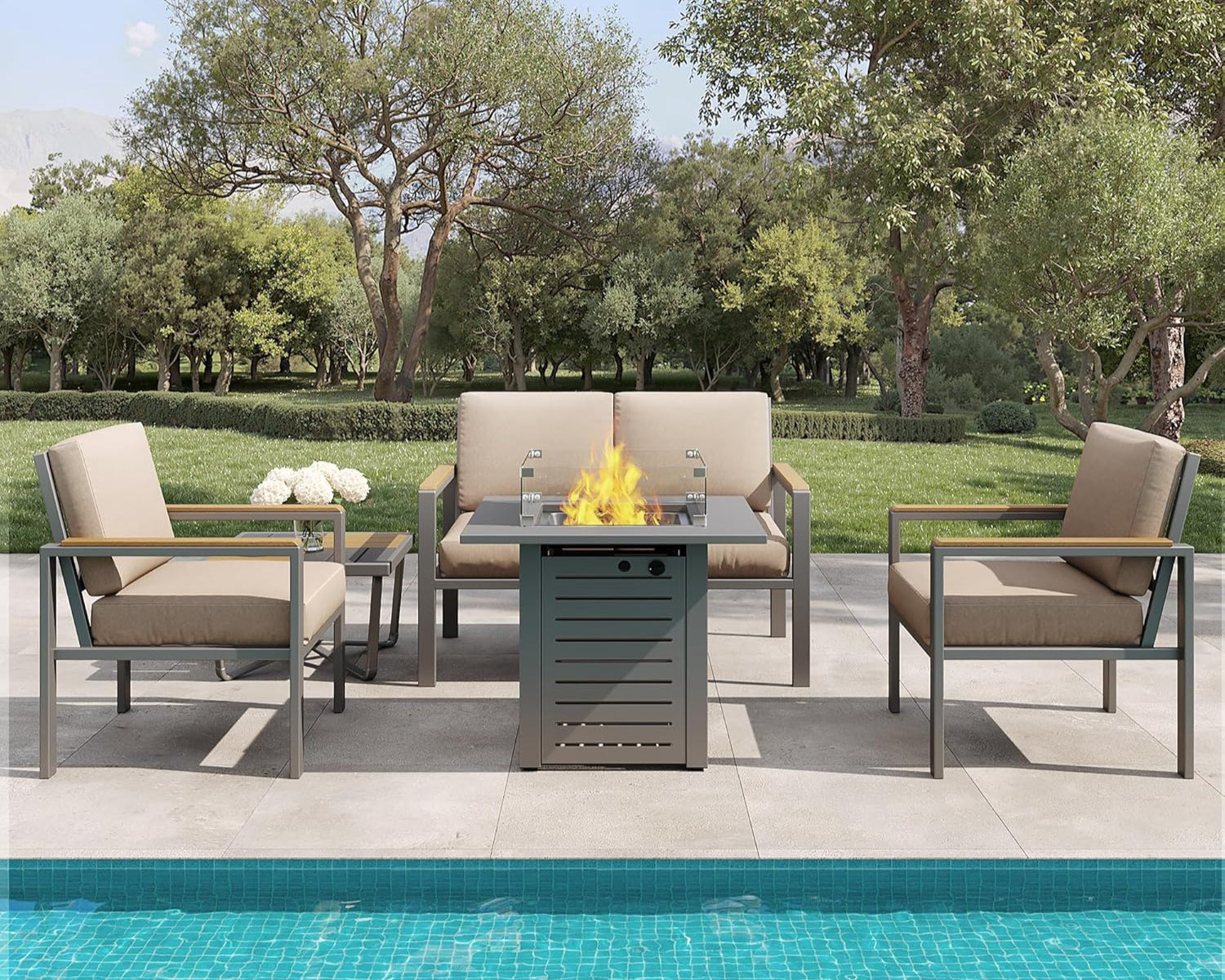 Compact outdoor conversation set with loveseat two chairs and fire pit table near pool